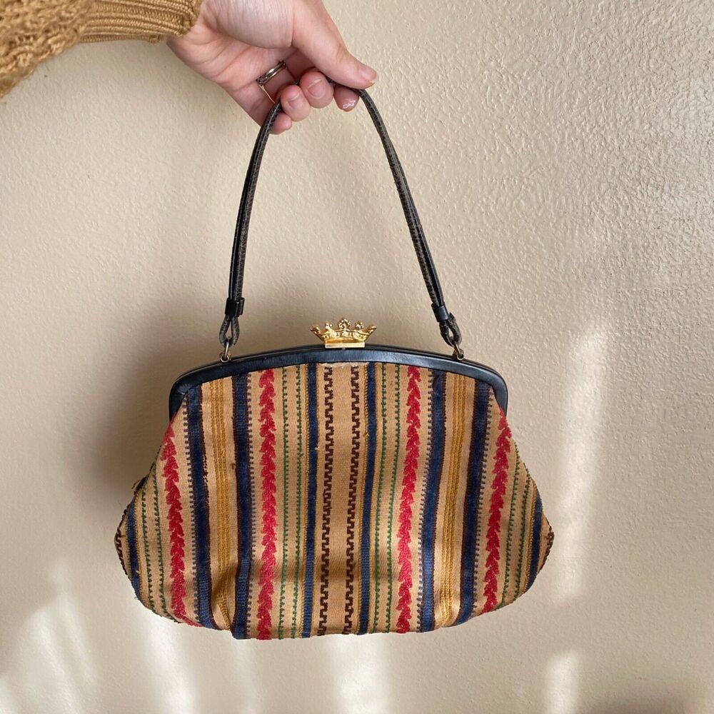 Vintage Coronet Handbag Tapestry Texture Embroidered Crown Clasp Shoulder Strap